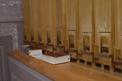 High angle view of bibles on table in church