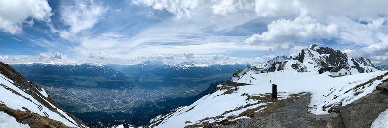 Panoramic view of snowcapped mountains against sky