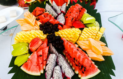 Close-up of multi colored fruits in plate