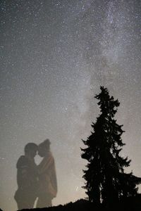 Romantic couple and tree against star field reflecting on calm lake at night