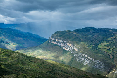 High angle view of land and mountains against sky