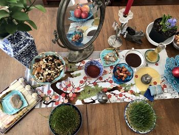 High angle view of food served on table