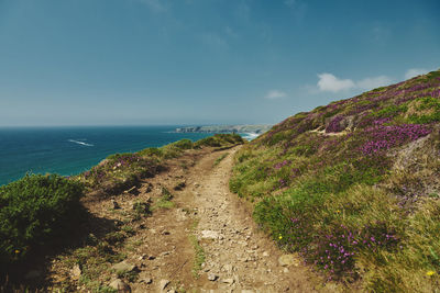 Scenic view of  path leading to the sea against sky near bedruthan steps