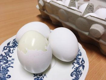 High angle view of eggs in plate on table