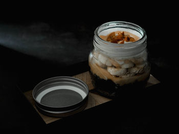 High angle view of drink in jar on table