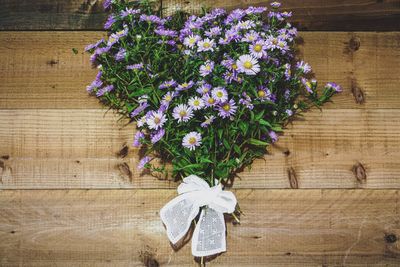 High angle view of purple flowering plants on wooden table