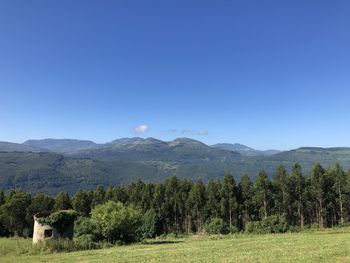Scenic view of mountains against clear blue sky