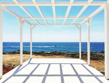 Motorboat framed by the patio gazebo