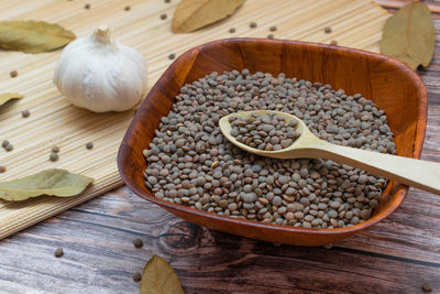 High angle view of spices in container on table