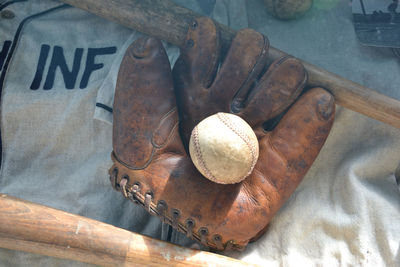 Close-up high angle view of baseball glove from wwii