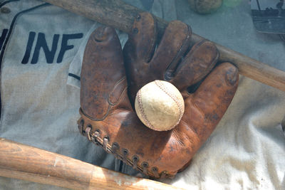 Close-up high angle view of baseball glove from wwii