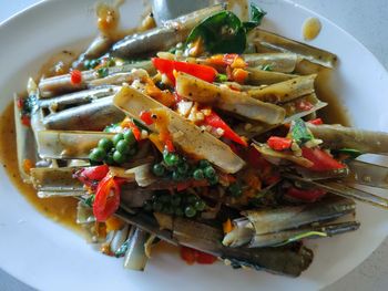 High angle view of chopped vegetables in plate