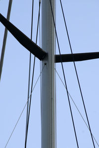 Low angle view of suspension bridge against clear blue sky