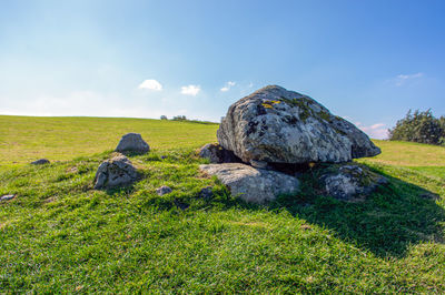 Scenic view of rocks on field against sky