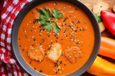 High angle view of soup in bowl on table