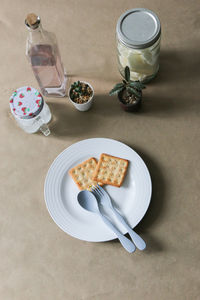 High angle view of breakfast on table