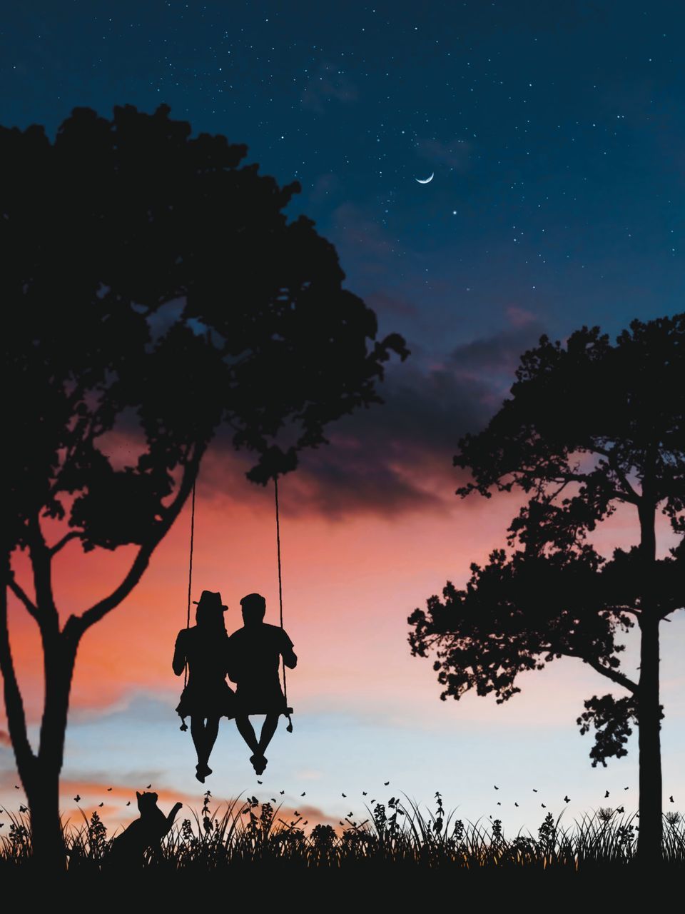 sky, silhouette, tree, star, plant, night, nature, sunset, beauty in nature, men, space, scenics - nature, adult, cloud, horizon, land, landscape, astronomy, outdoors, dusk, environment, two people, activity, tranquility, tranquil scene, lifestyles, full length, forest, savanna, evening, astronomical object