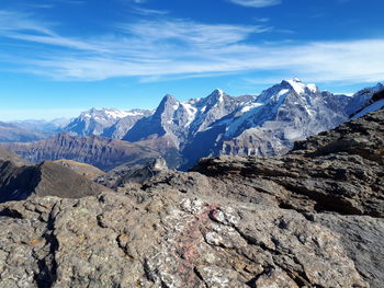 Scenic view of snowcapped mountains against sky