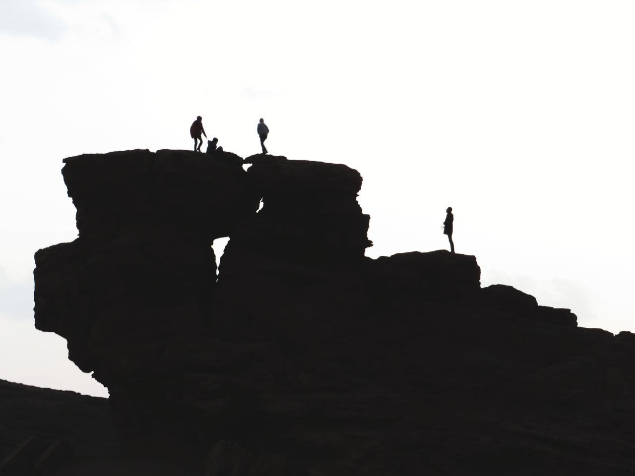 LOW ANGLE VIEW OF SILHOUETTE PEOPLE ON ROCK AGAINST CLEAR SKY