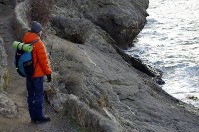 Rear view of men on rock at shore