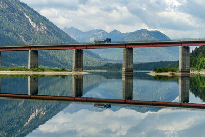 Reflection of bridge on water against sky