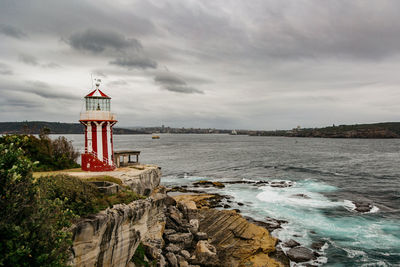 Lighthouse by sea against sky