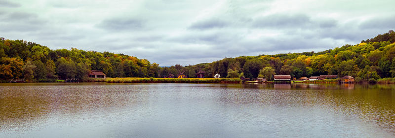 Autumn day on the lake.  dumbrava lake, astra museum of traditional folk civilization, sibiu romania