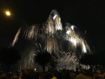 Low angle view of firework display at night