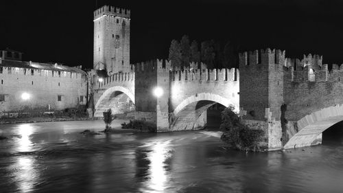 Fountain in city at night