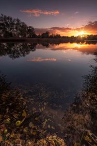 Scenic view of lake against sky during sunset