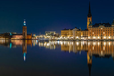 Reflection of illuminated buildings in city at night