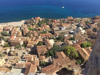 High angle view of the townscape of monemvasía, a greek island. 