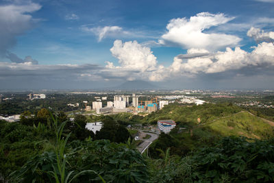 High angle view of buildings against sky