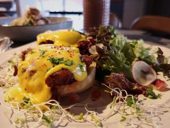 Close-up of breakfast served on table