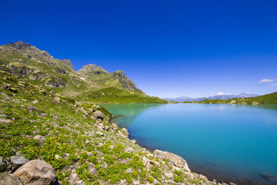 Alpine mountain lake landscape and view, blue beautiful and amazing lake panorama