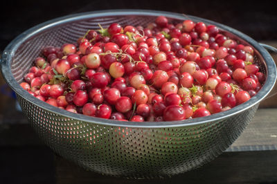 High angle view of strawberries in bowl on table