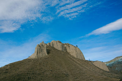 Low angle view of castle on mountain against cloudy sky