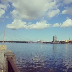 Bridge over river with buildings in background