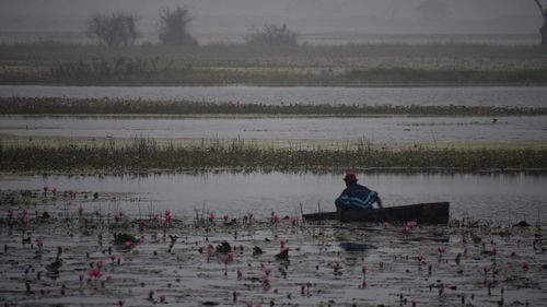 Man sitting on boat in lake