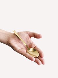 Close-up of hand holding apple against white background