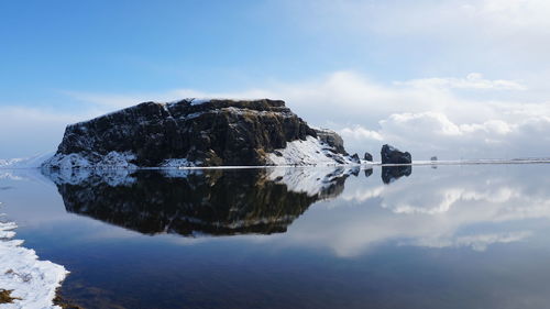 Reflection of snowcapped mountain in lake against sky