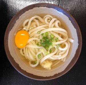 High angle view of pasta in bowl on table