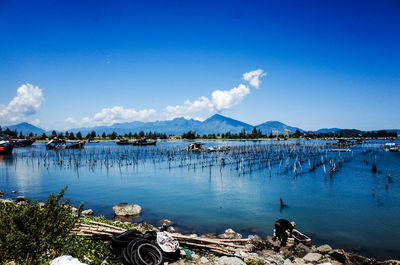 Scenic view of lake against blue sky
