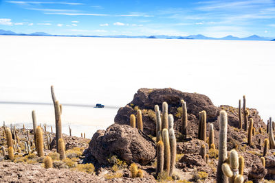 View of the uyuni salt flat against sky