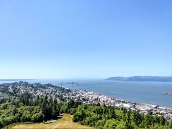 Panoramic view of townscape by sea against clear blue sky