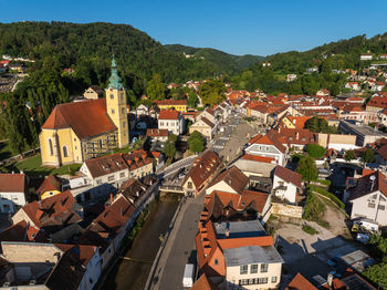 High angle view of buildings in town
