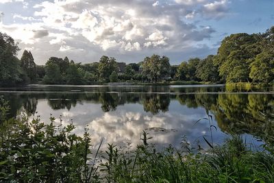 Reflection of trees in lake against sky