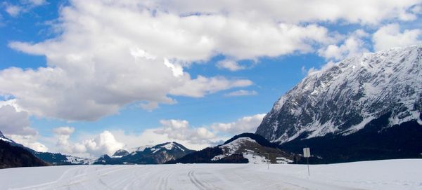 Scenic view of snow covered mountains