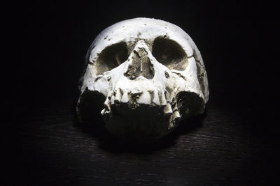 Close-up of skull on table against black background