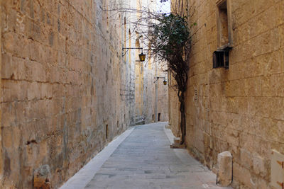 Beautiful narrow alley in malta with limestone walls